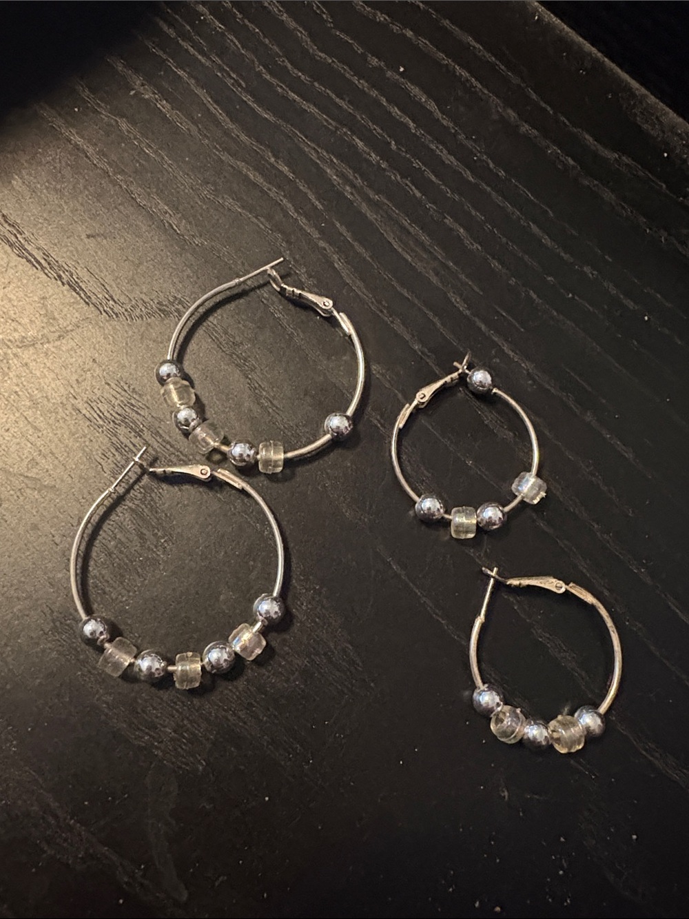 Silver Hoop Earrings with Clear Bead Accents - Set of 2 Pairs